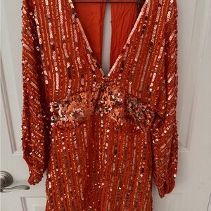 Free People Orange Sequin Gown with Bishop Sleeves